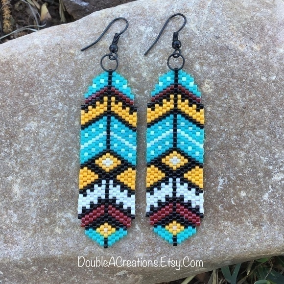 DoubleACreations Jewelry - Southwest Turquoise Feathers Beaded Earrings, New, Handmade by Me